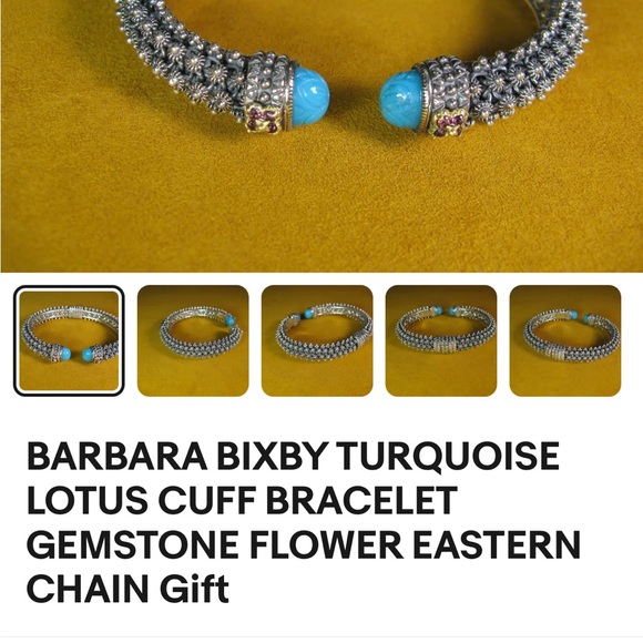 BARBARA BIXBY TURQUOISE, GARNET  LOTUS CUFF BRACELET STERLING SILVER, 18KT GOLD - Picture 8 of 9